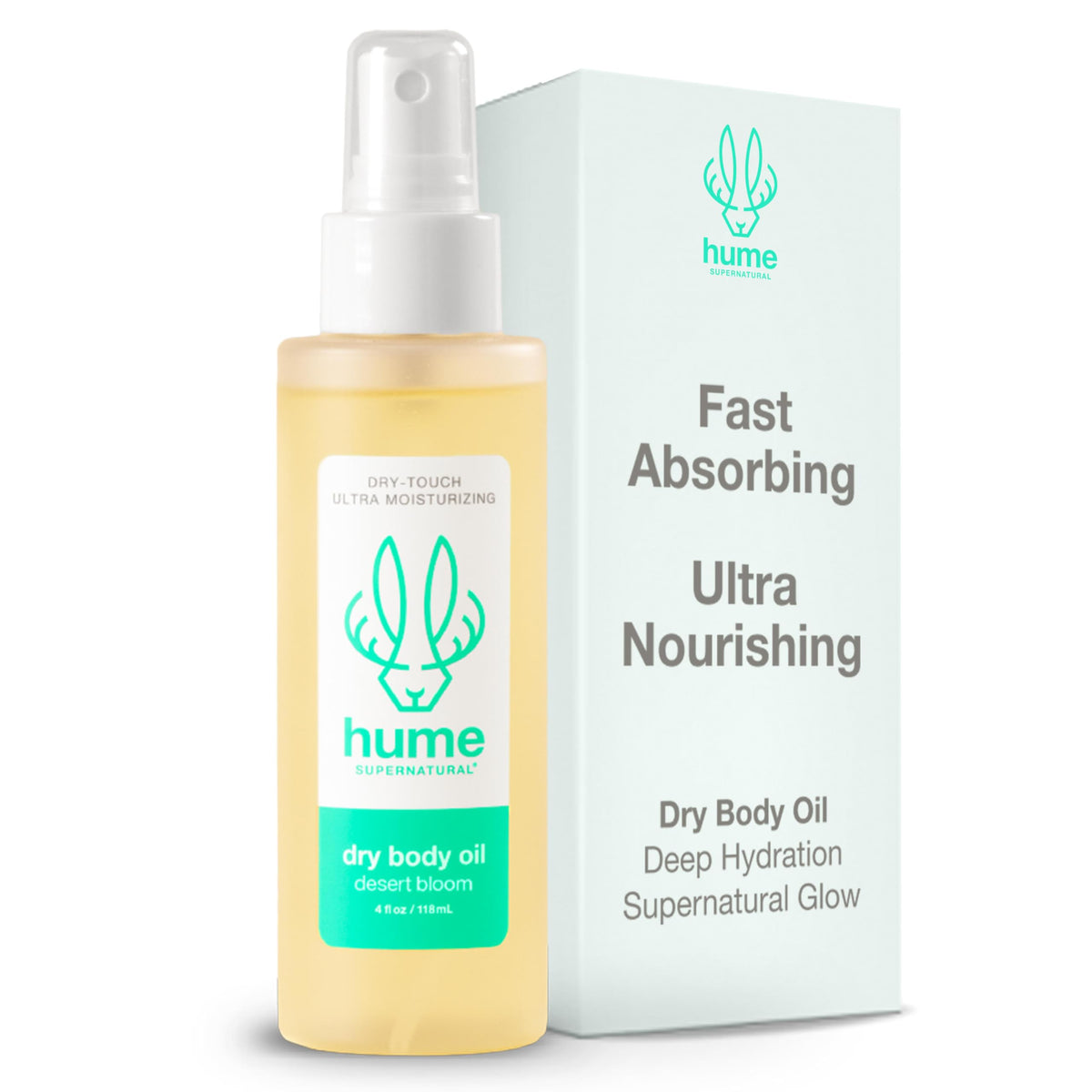 HUME SUPERNATURAL dry body oil spray bottle close-up showing fast-absorbing hydration