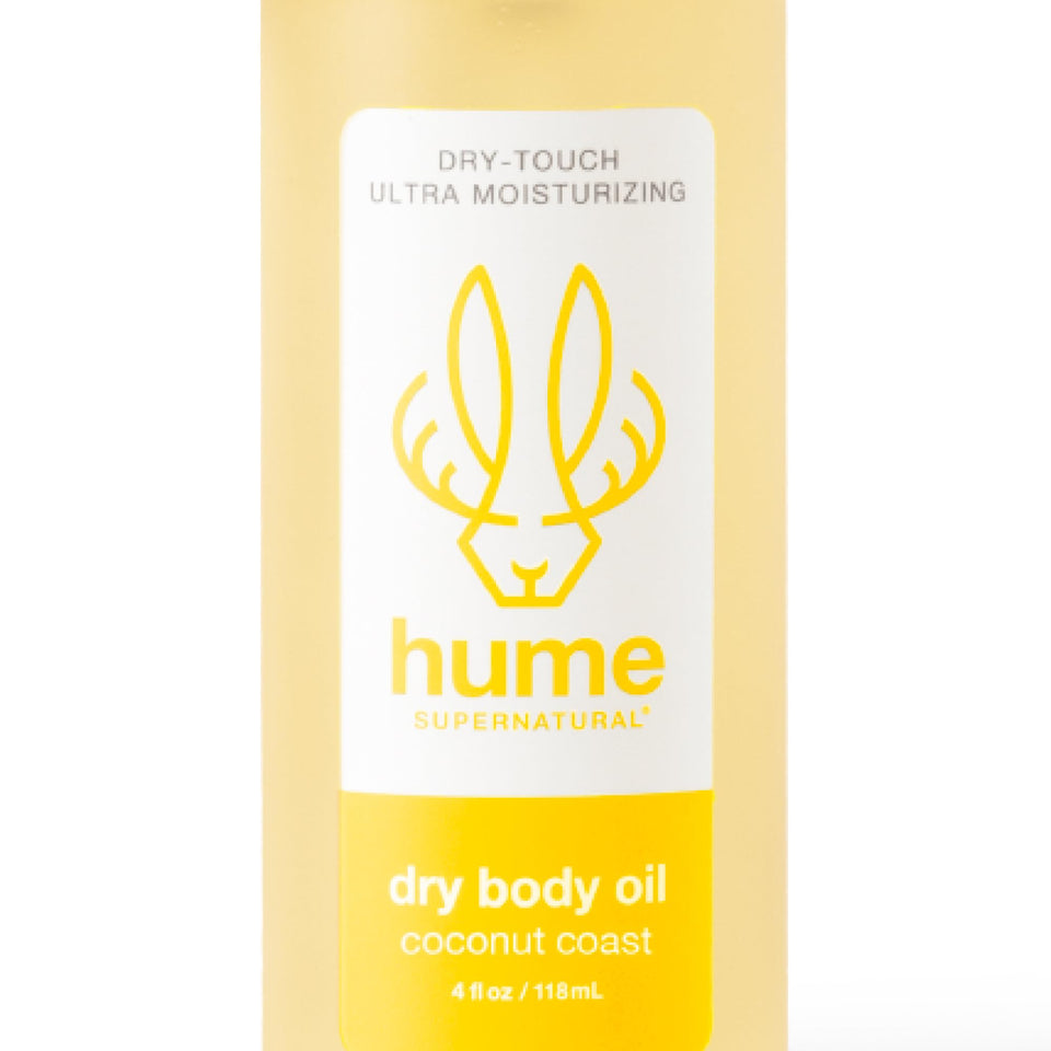 Hume Supernatural dry body oil spray bottle offers fast-absorbing hydration for dry skin.