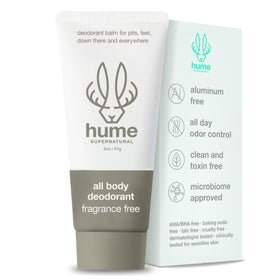 HUME SUPERNATURAL invisible deodorant balm in application for full-body freshness.