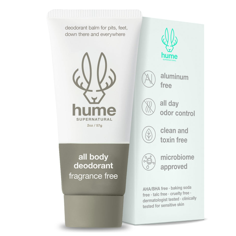 HUME SUPERNATURAL invisible deodorant balm in application for full-body freshness.
