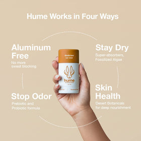 Hume Supernatural Out West deodorant application swatch demonstrates quick-dry performance.