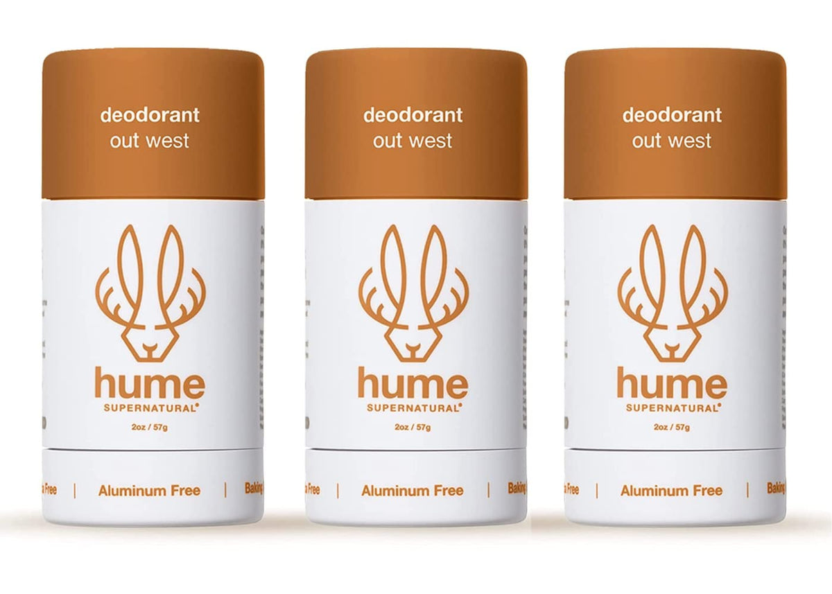 Hume Supernatural Out West deodorant bottle shows aluminum-free freshness for daily use.