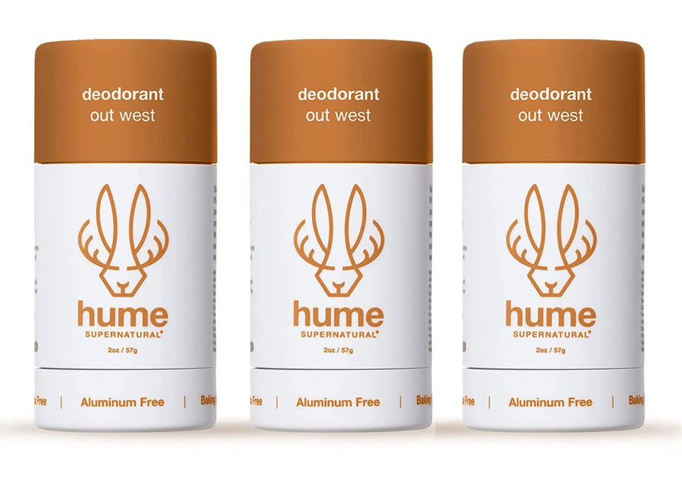 Hume Supernatural Out West deodorant bottle shows aluminum-free freshness for daily use.