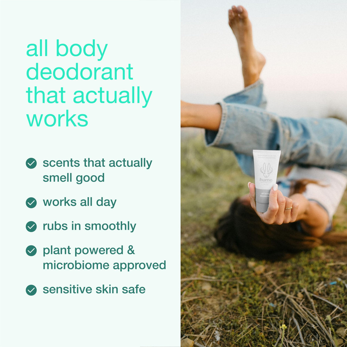HUME SUPERNATURAL invisible deodorant balm with prebiotic formula for skin support.