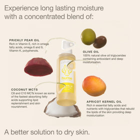 Hume Supernatural prickly pear oil ingredients highlight nourishing botanical blend.