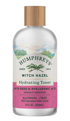 Humphreys Witch Hazel Toner bottle closeup demonstrates alcohol-free hydration for the skin.