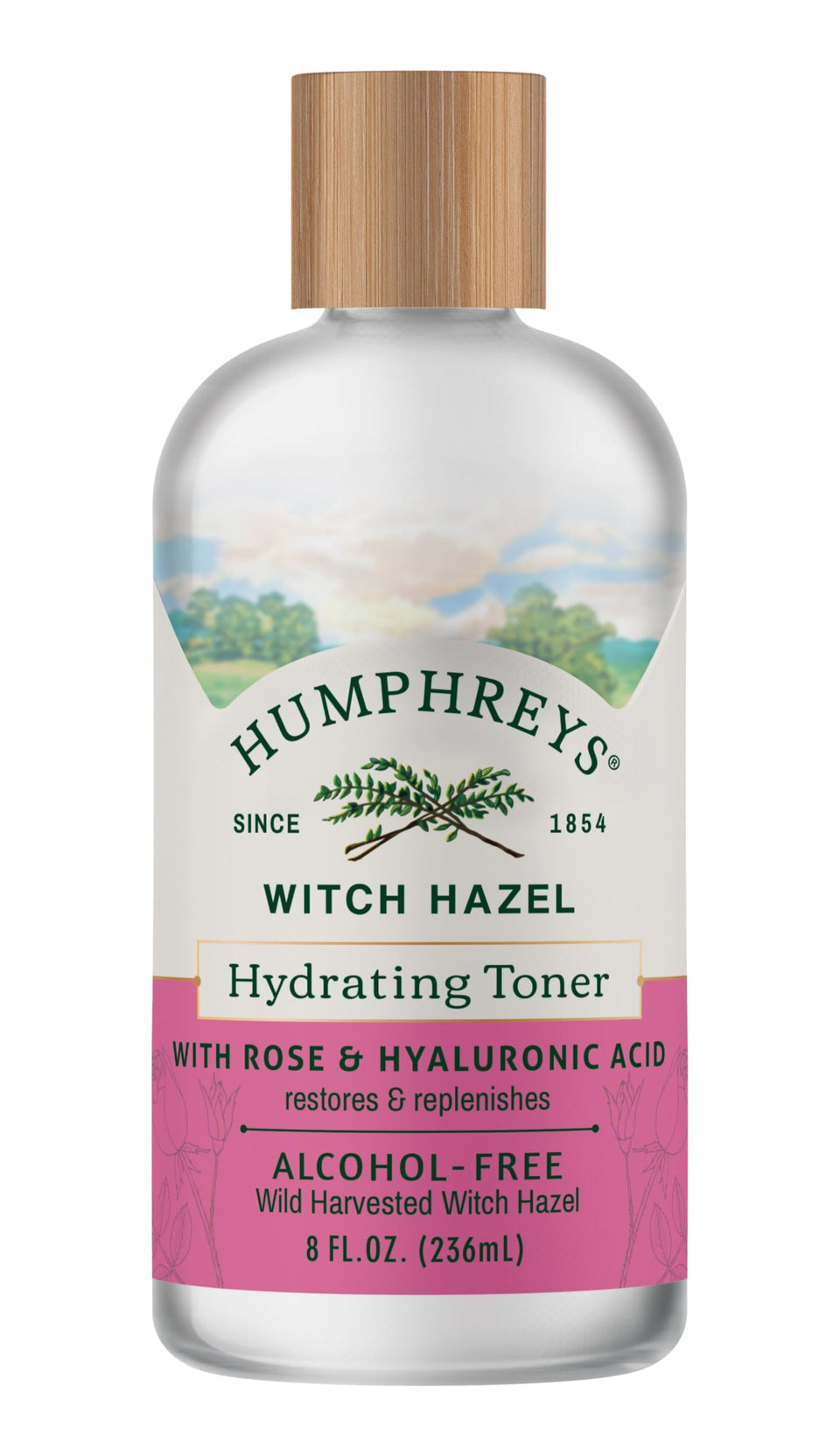 Humphreys Witch Hazel Toner bottle closeup demonstrates alcohol-free hydration for the skin.