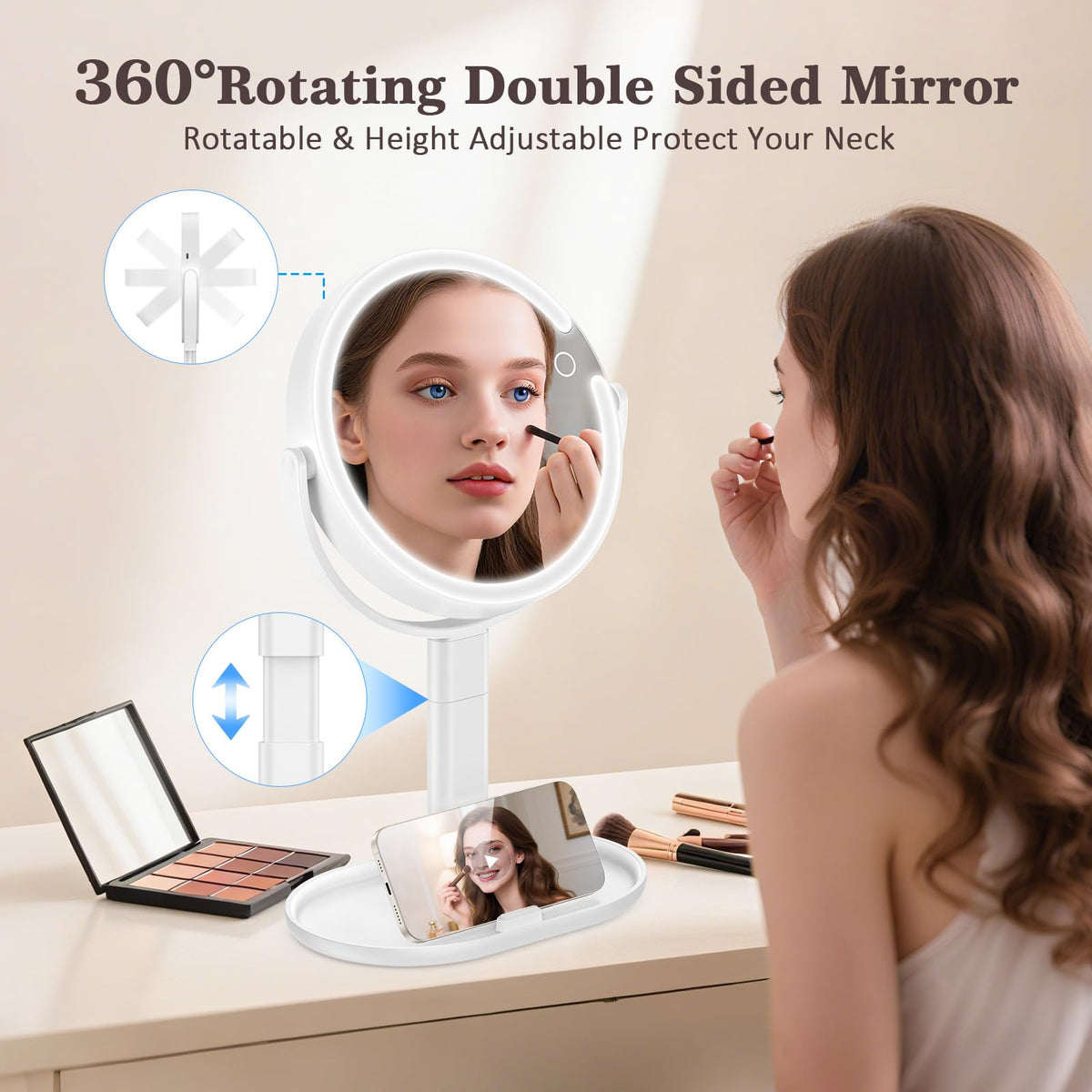 HUNCAB makeup mirror with 3-color temperature for true color under lighting