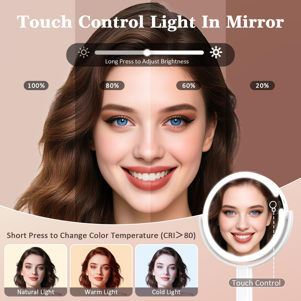 HUNCAB makeup mirror with 4000mAh battery for long, cordless use