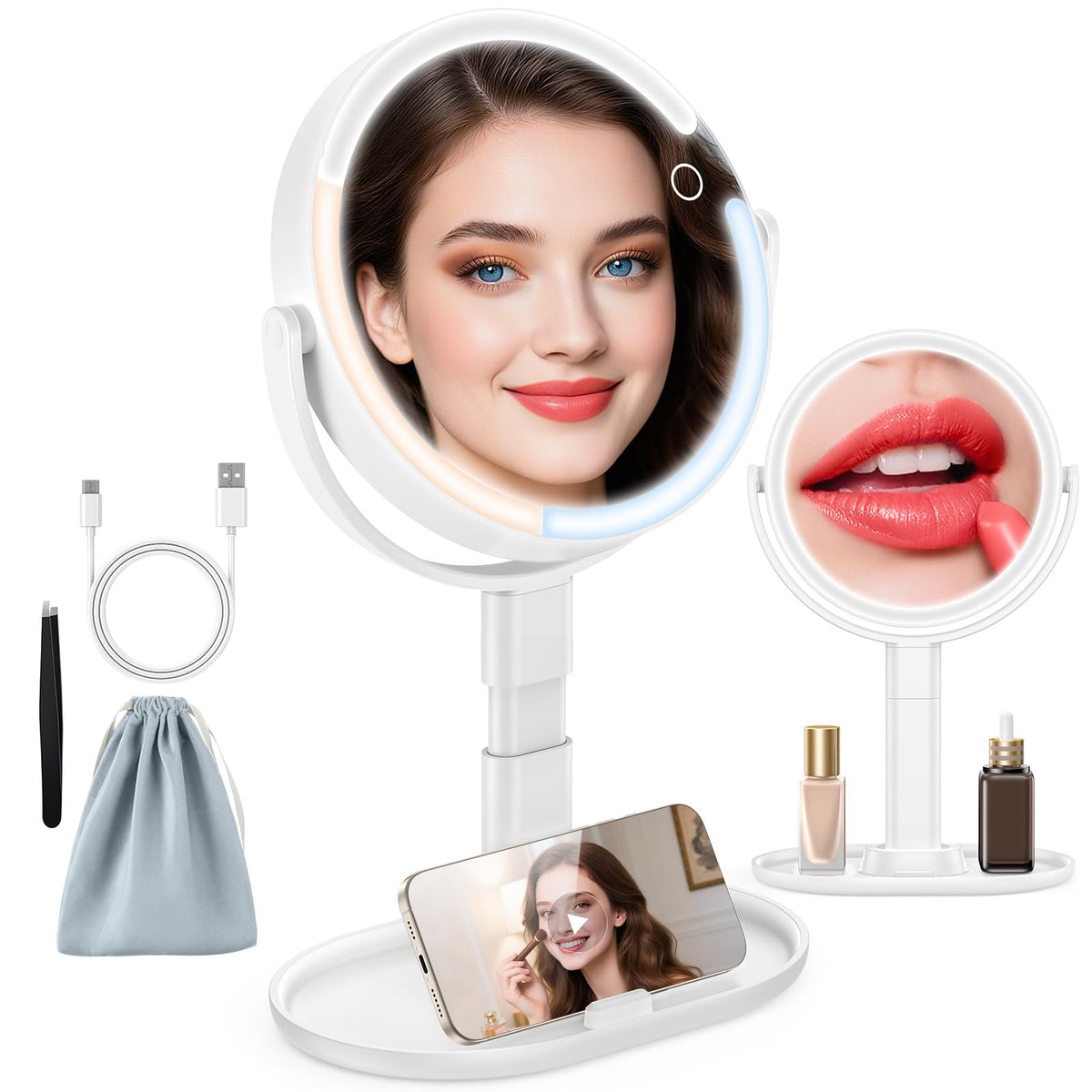 HUNCAB makeup mirror with lights shows full-face view on a 7.5-inch surface