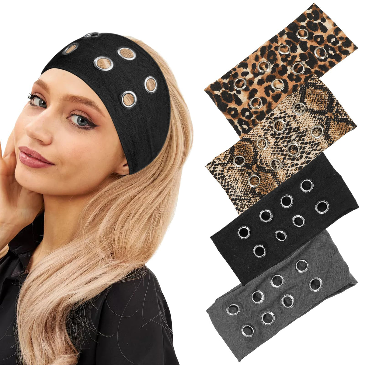 Huoflame leopard-print headband with hollow eyelets for edgy festival style.