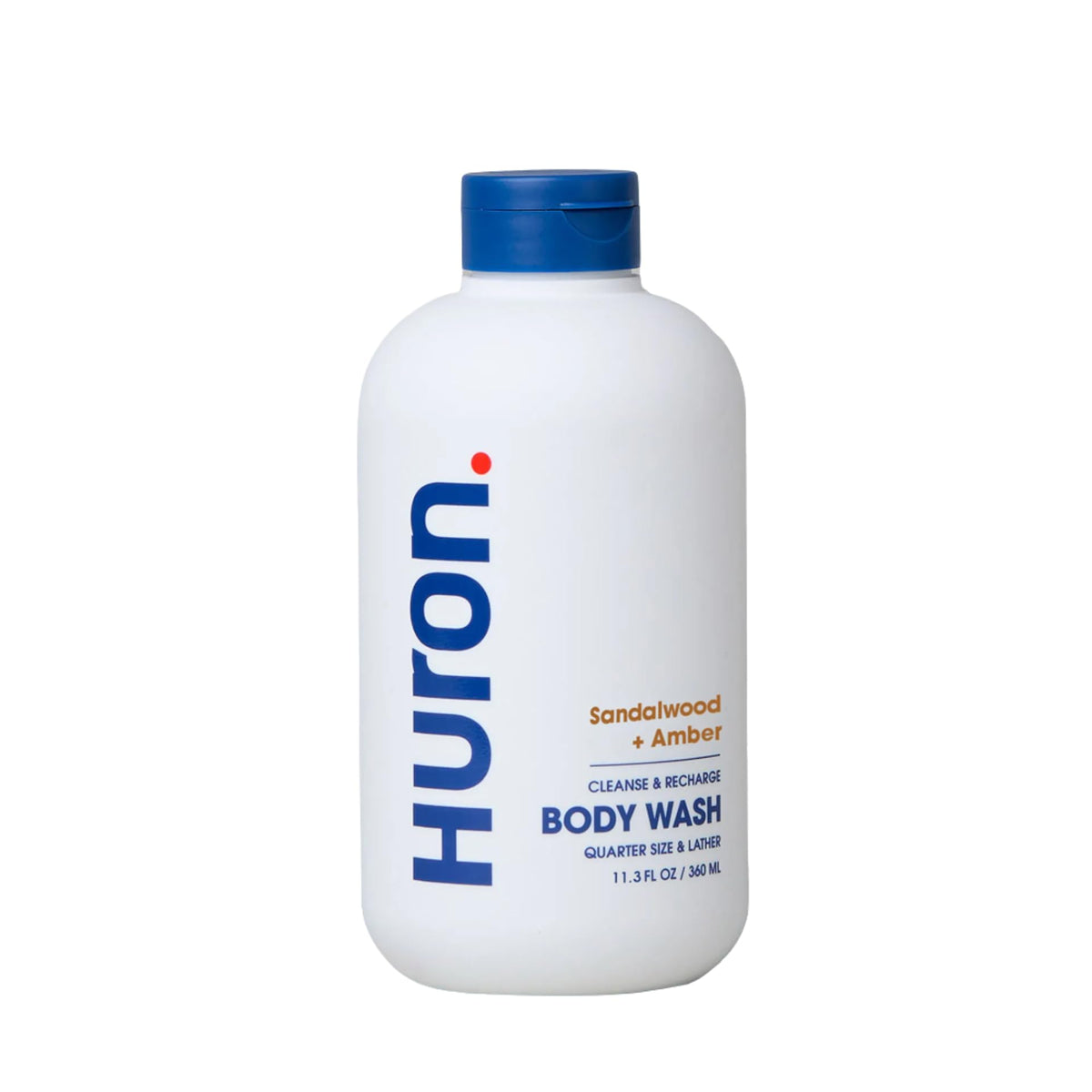 Huron body wash bottle front showing sandalwood amber scent for daily cleansing