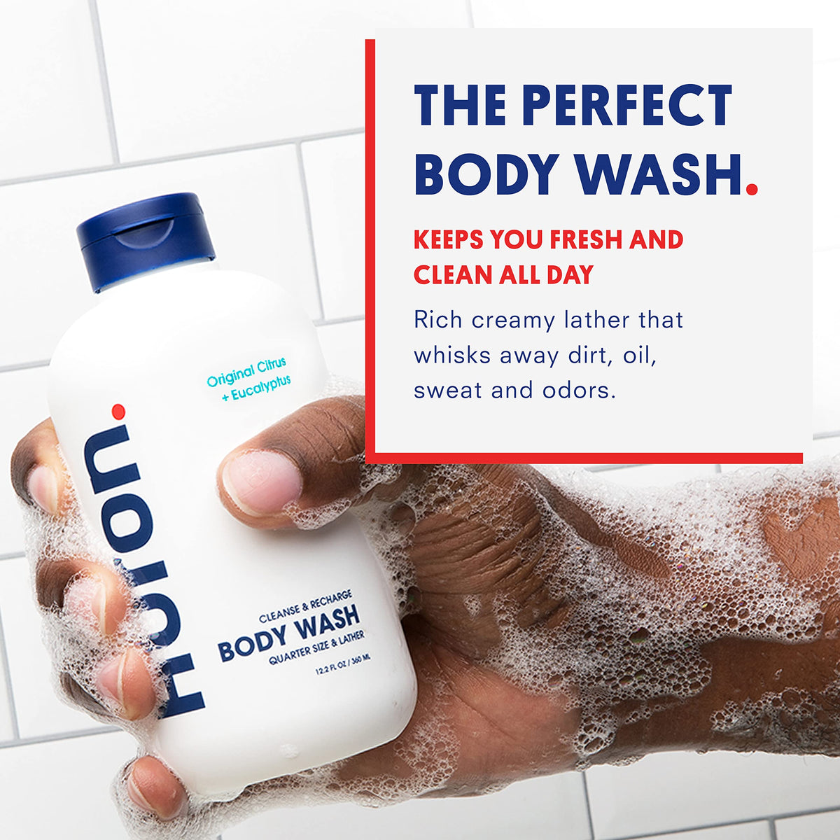 Huron body wash with citrus-eucalyptus mint scent for morning wake-up