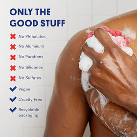 Huron body wash label close-up emphasizing non toxic formula