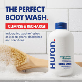 Huron Body Wash rich lather demonstrates thorough cleanse without drying skin.