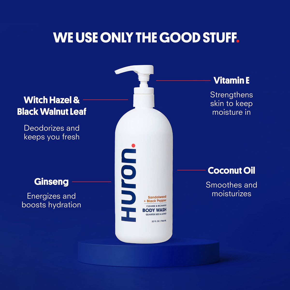 Huron Body Wash sandalwood amber scent highlights refreshing fragrance.