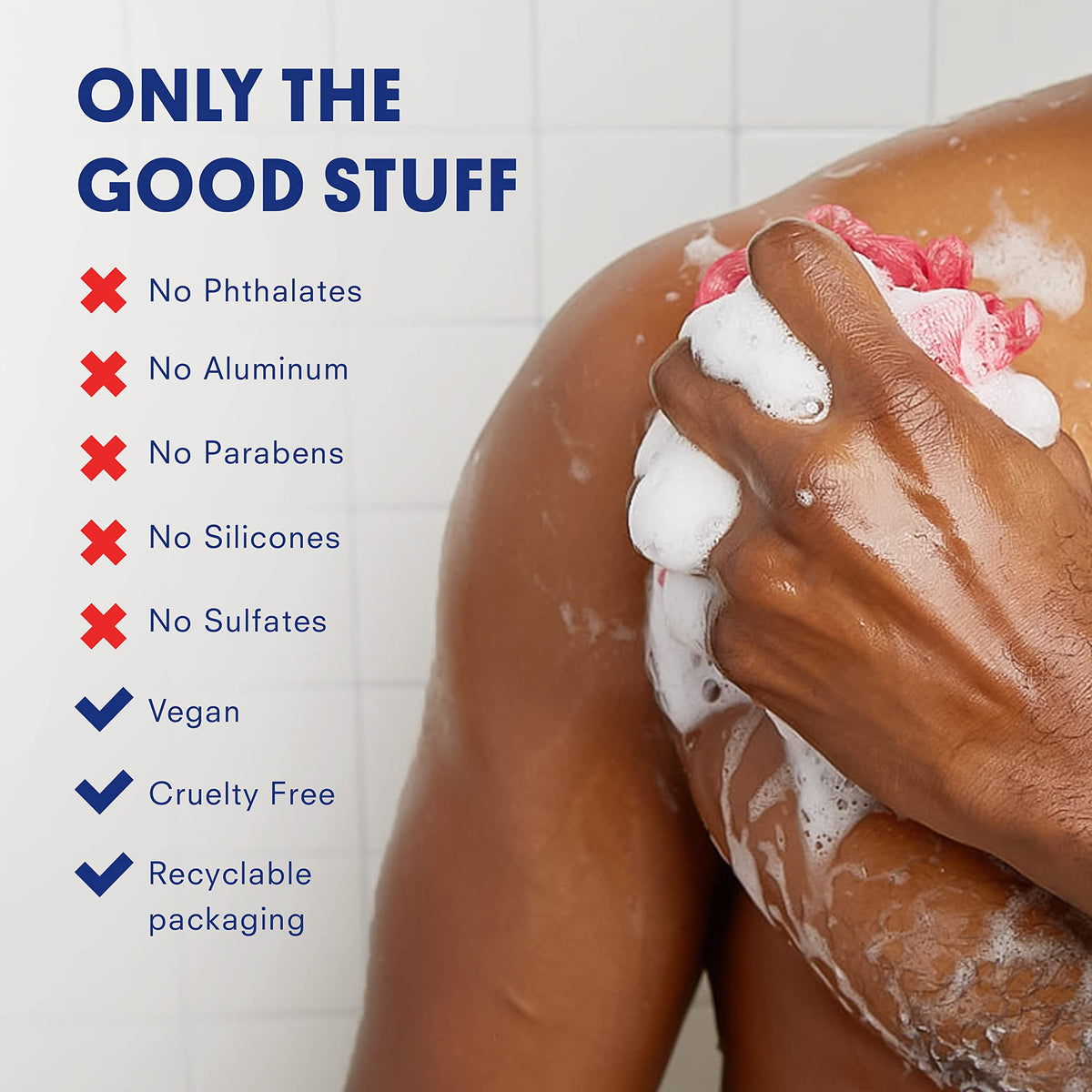 USA-made body wash packaging highlighting recyclable materials