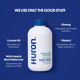 Huron Body Wash citrus-eucalyptus scent close-up, invigorating morning freshness.