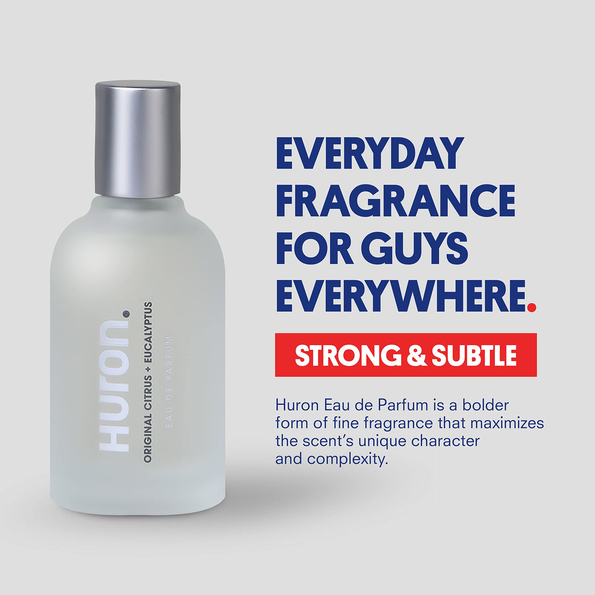 Huron Cologne bottle label, premium notes suggesting citrus and eucalyptus for daily freshness
