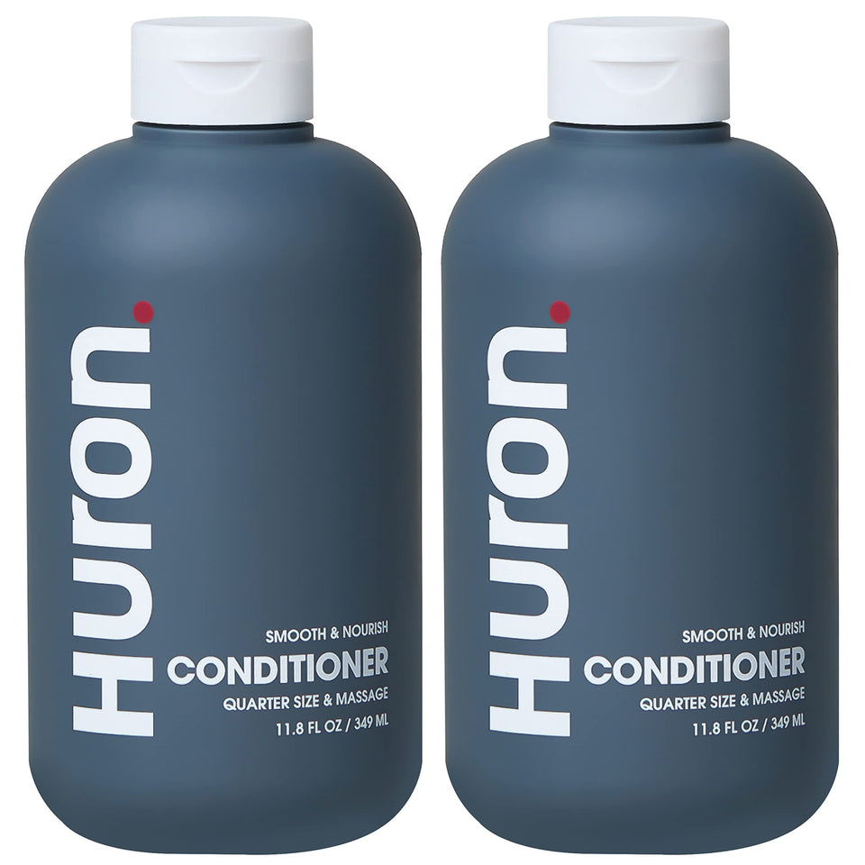 Huron conditioner bottle front showing strengthening formula for healthier hair