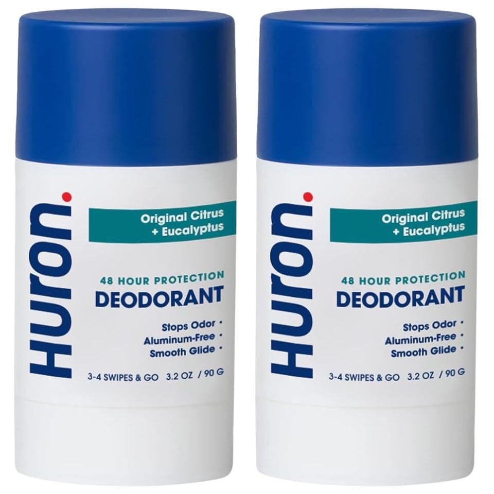 Huron deodorant bottle with citrus-eucalyptus scent for all-day freshness.
