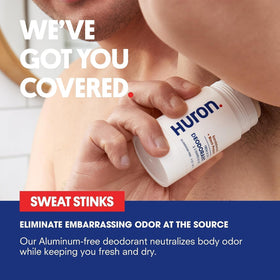 Huron deodorant packaging display highlights compact, travel-ready design.