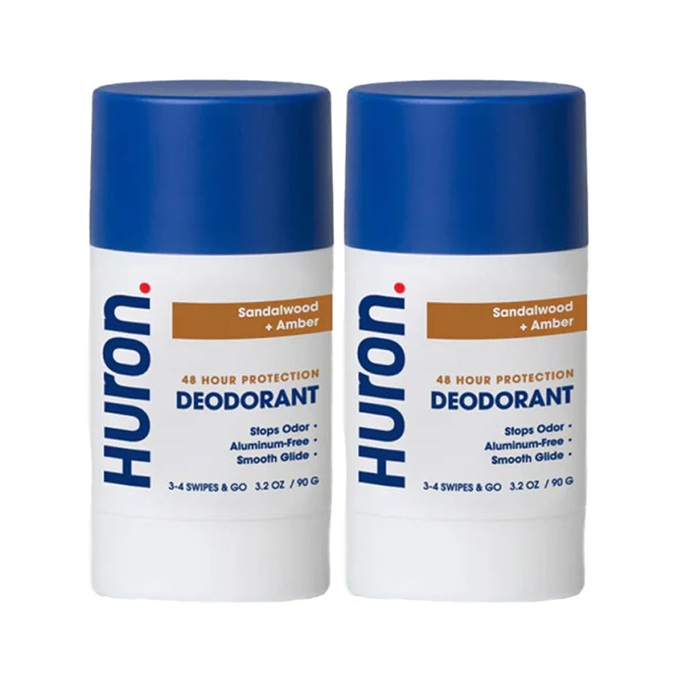 Huron deodorant sandalwood-amber bottle shows long-lasting freshness.