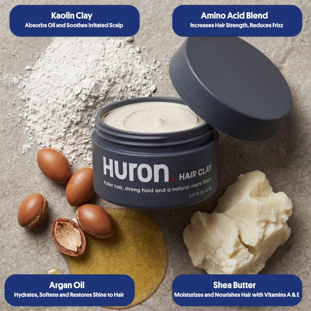 Huron Hair Clay applied to damp hair for defined fullness.