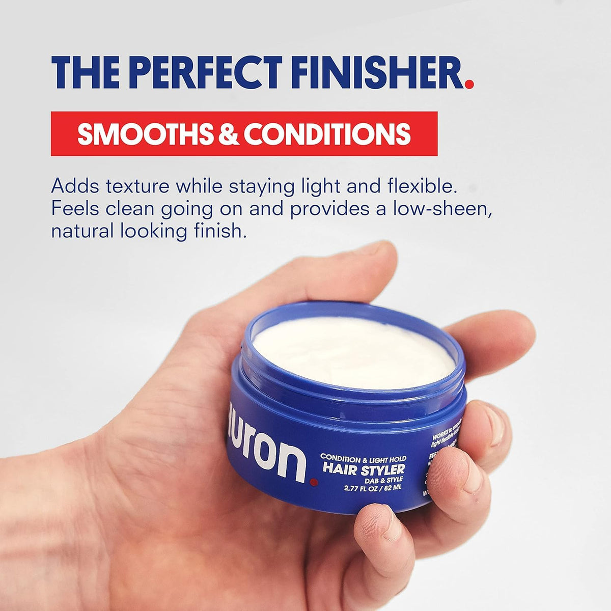 Huron Hair Styler cream texture close-up highlights lightweight, flexible hold.