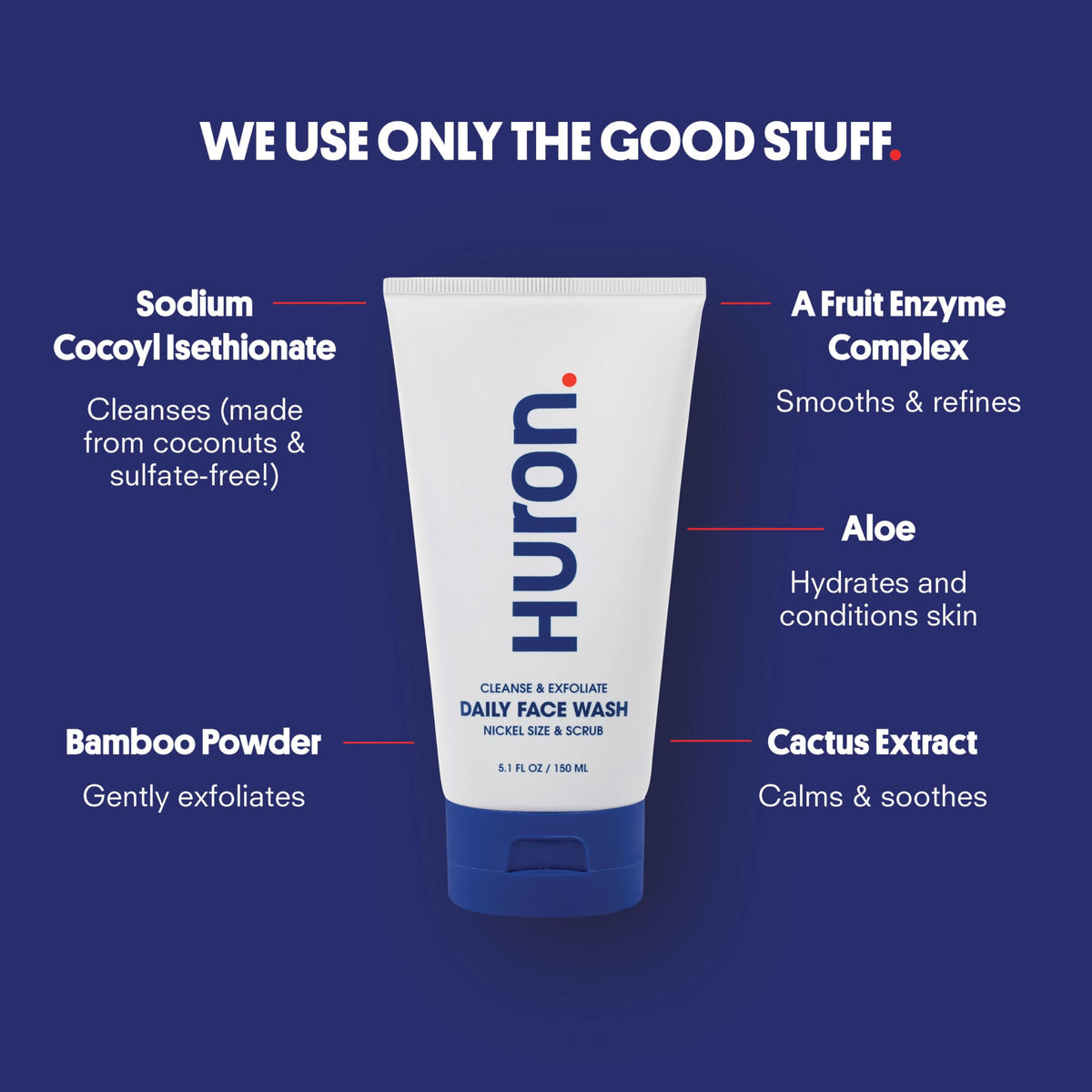 Huron Men’s Face Wash with bamboo powder for smoother pores on skin texture.