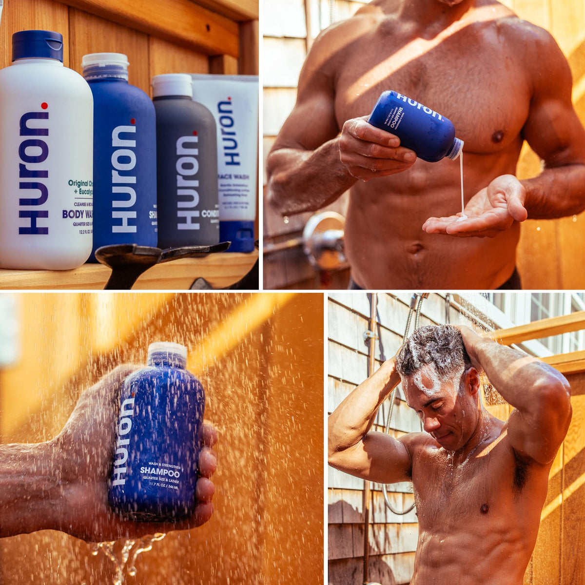 Huron shampoo daily-use bottles on a bathroom shelf for easy routines