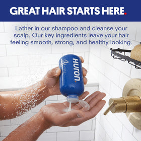 Huron shampoo lather close-up showing gentle cleansing and moisture retention