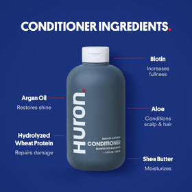 Close-up of Huron Body Wash bottle in the kit
