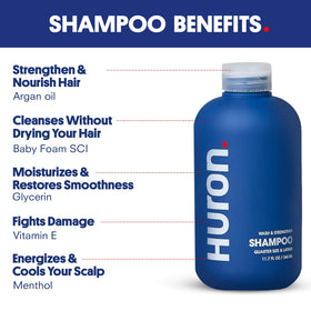 Huron Shower Kit conditioner bottle close-up emphasizing hydration and smoother strands.