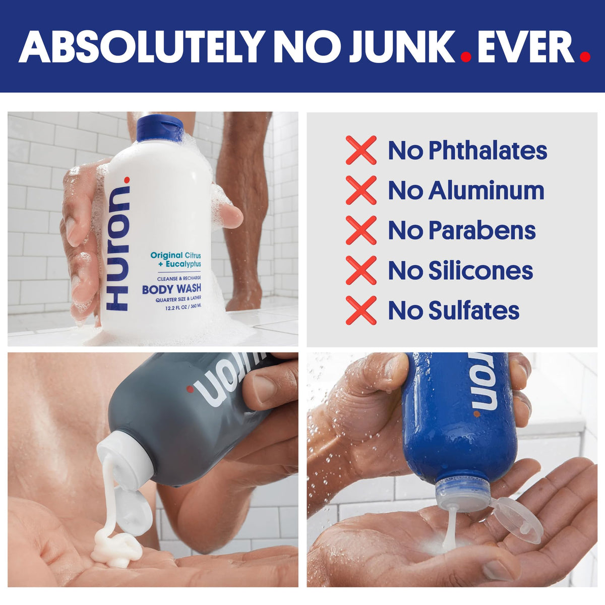 Huron Shower Kit daily routine image with bottles arranged for head-to-toe cleansing.