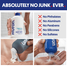 Huron Shower Kit daily routine image with bottles arranged for head-to-toe cleansing.
