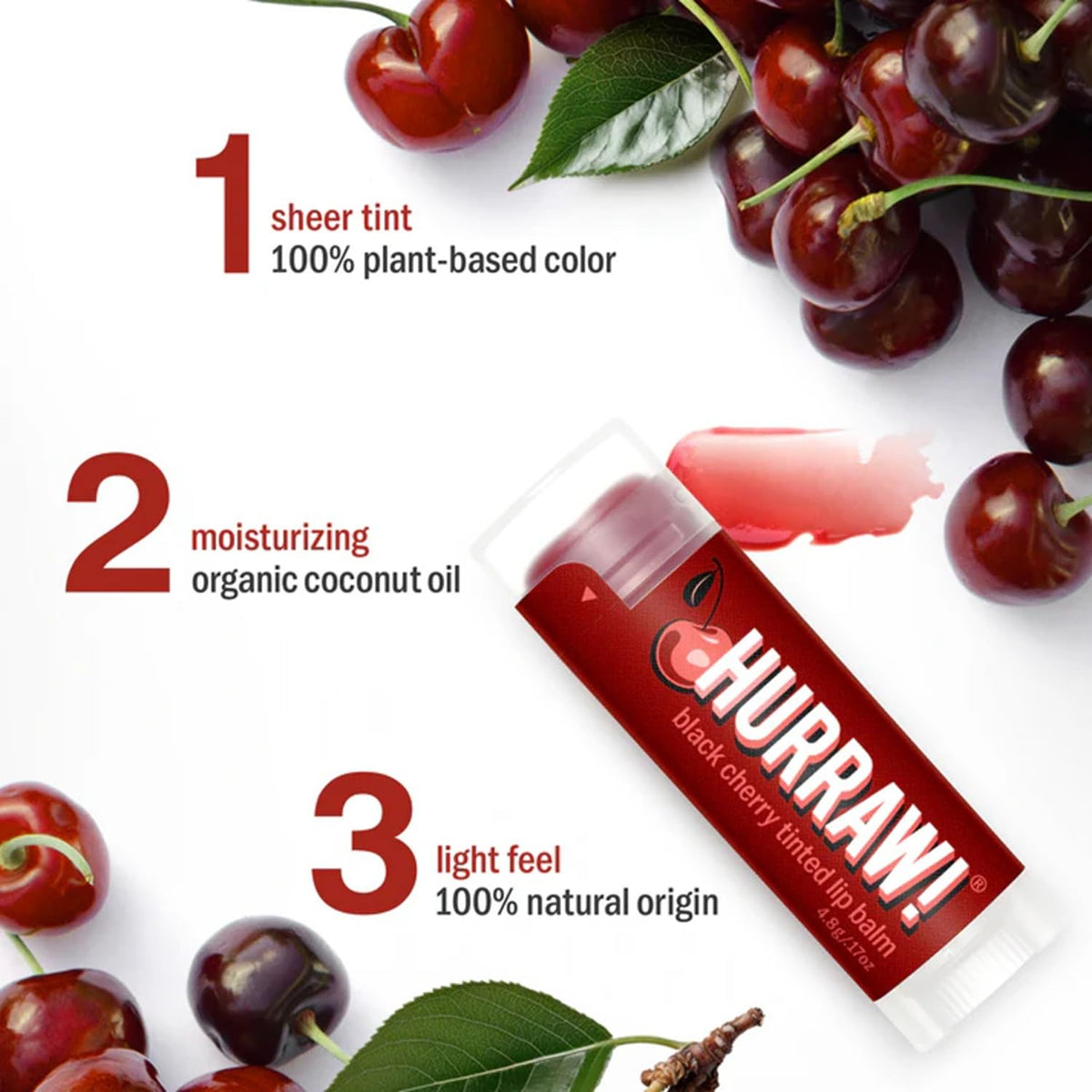 Hurraw! lip balm closeup shows sheer red tint on lips.