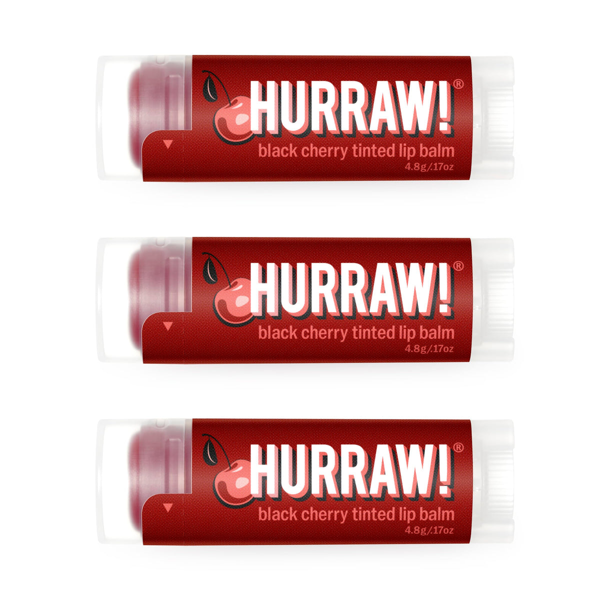 Hurraw! Black Cherry tinted lip balm pack tubes deliver natural red color daily.