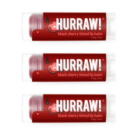 Hurraw! Black Cherry tinted lip balm pack tubes deliver natural red color daily.