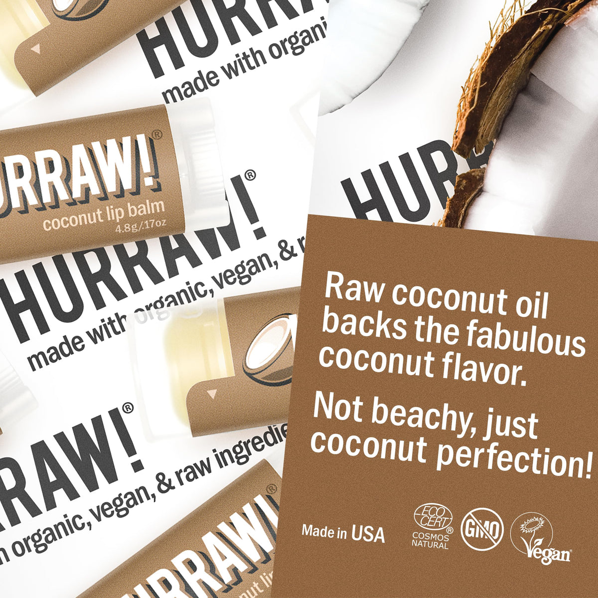 Three-pack box of Hurraw! Coconut Lip Balm showing natural formula.