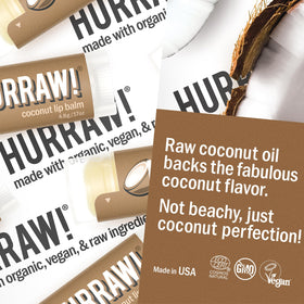 Three-pack box of Hurraw! Coconut Lip Balm showing natural formula.