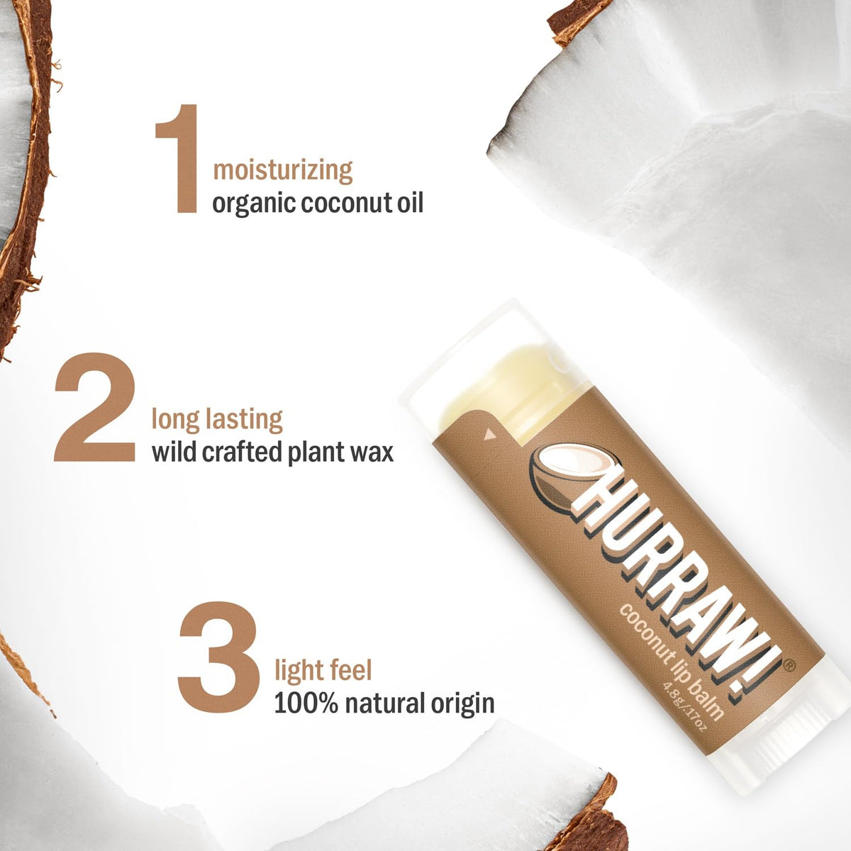 Close-up of Hurraw! Coconut Lip Balm tubes for smooth vegan lip care.