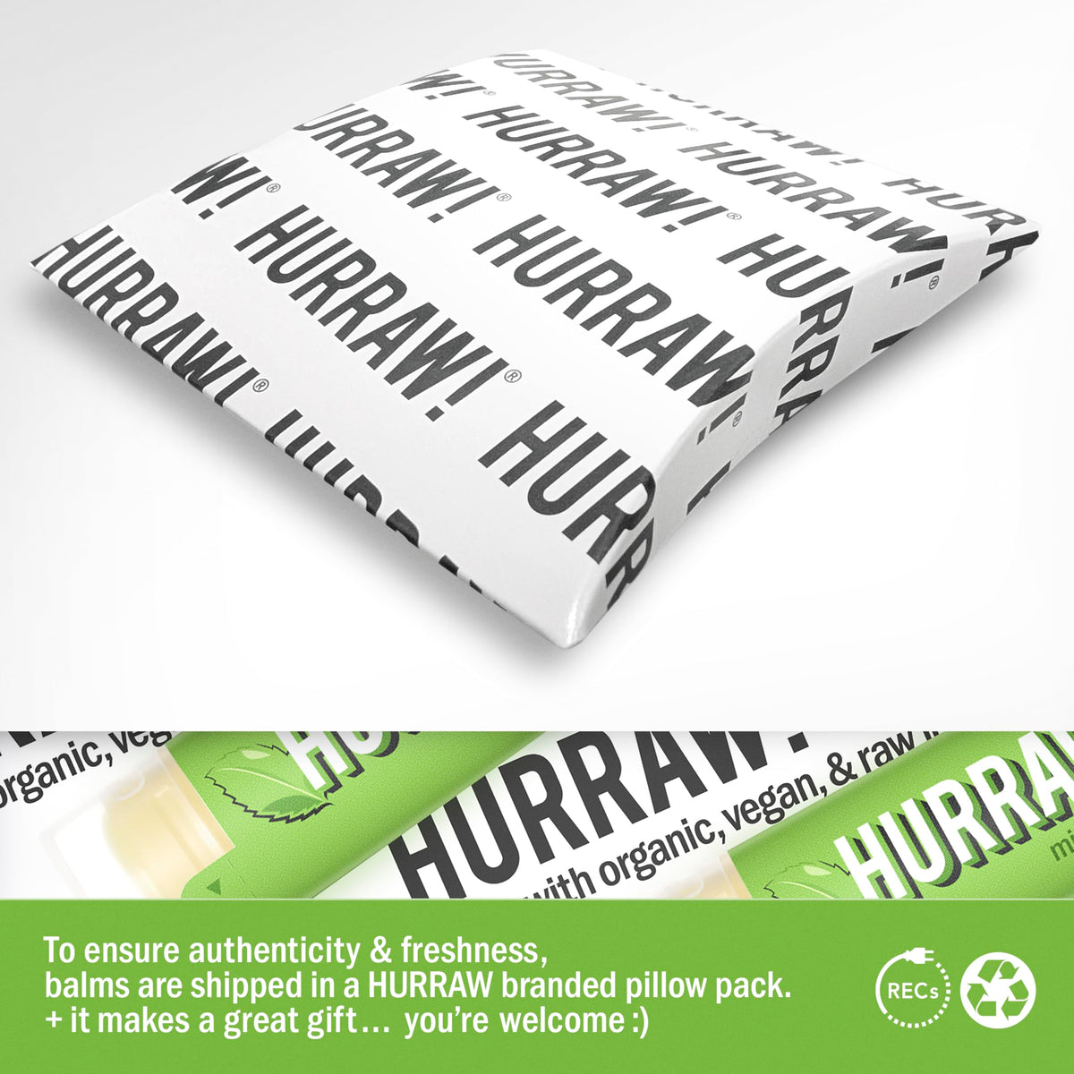 Hurraw! Mint lip balm packaging detail shows eco-friendly, organic ingredients
