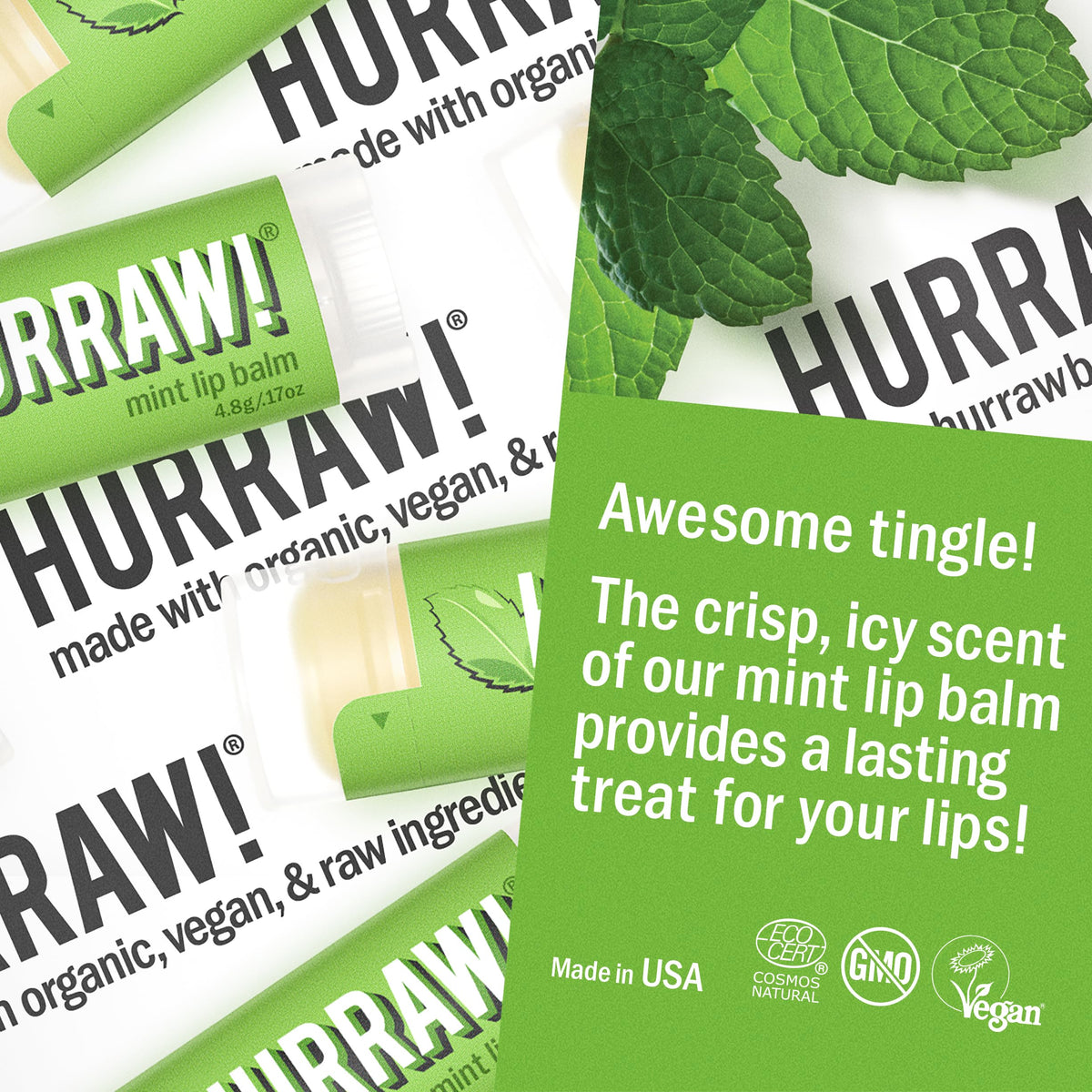 Hurraw! Mint lip balm tingling image illustrates refreshing cooling sensation for lips