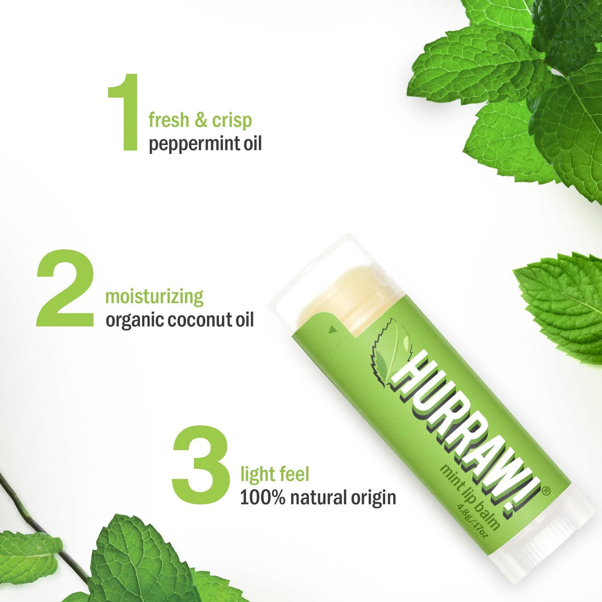 Hurraw! Mint lip balm tubes closeup, smooth application and long-lasting minty sensation