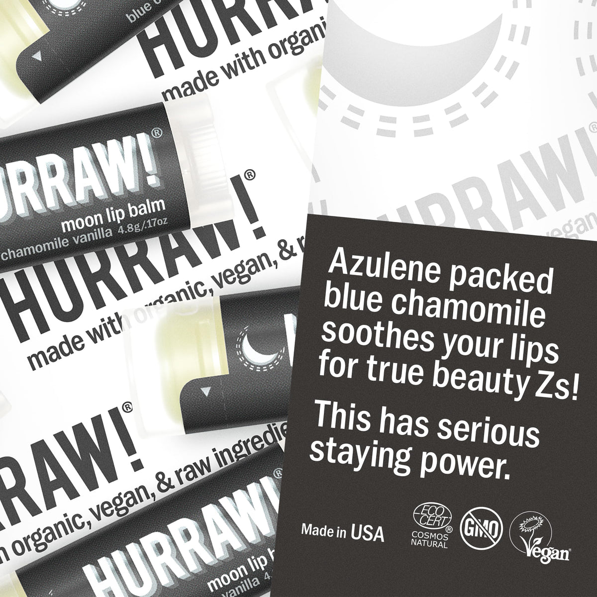 Hurraw Moon Night Lip Balm unscented SPF15 pack back with ingredient list.