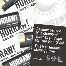 Hurraw Moon Night Lip Balm unscented SPF15 pack back with ingredient list.