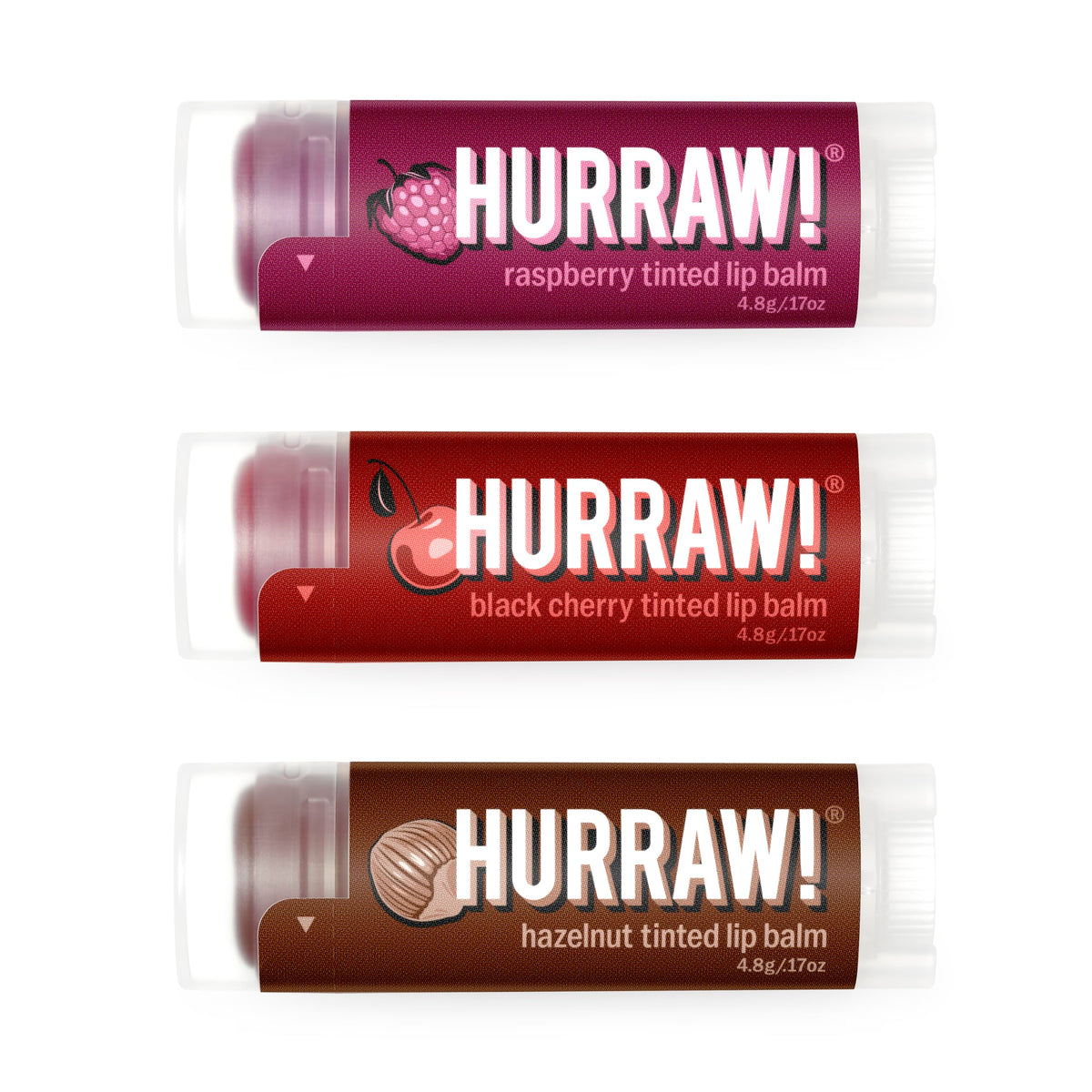 Hurraw! Raspberry tinted lip balm packaging shows a 3-pack for on-the-go color.