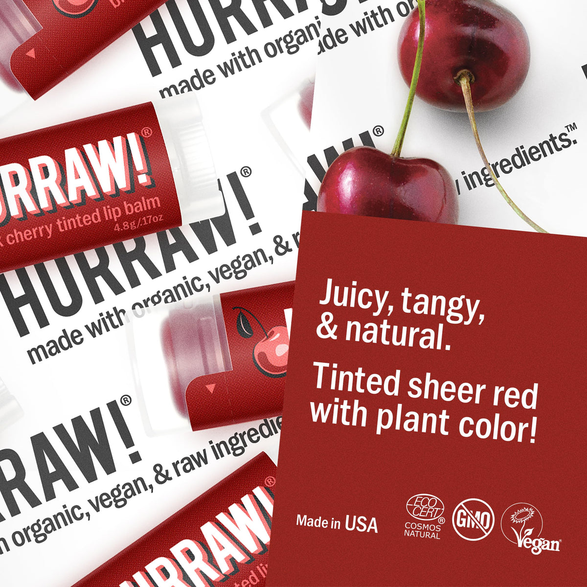 Hurraw! Raspberry tinted lip balm swatch shows sheer berry tint and fresh fragrance.