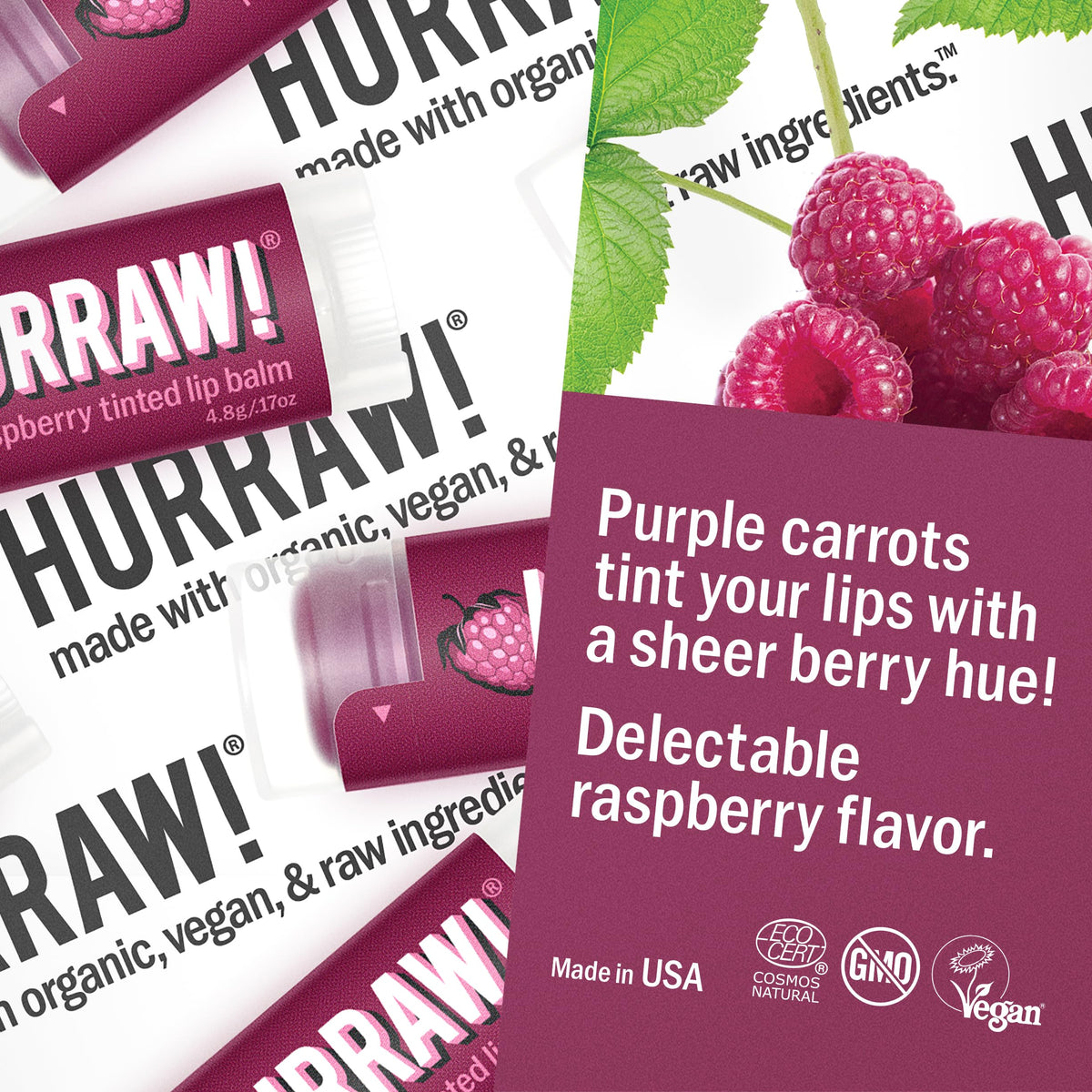 Hurraw! Raspberry tinted lip balm tube for smooth application and berry flavor.